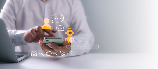 A business professional using a smartphone with chatbot AI and messaging interface icons, illustrating digital communication, virtual assistant services, automation, technology, and future innovation.