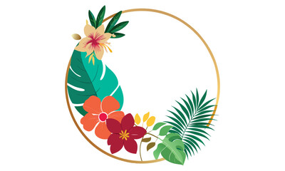 Vibrant tropical floral arrangement with lush green leaves and exotic flowers forming a decorative border around a golden circle isolated on white background