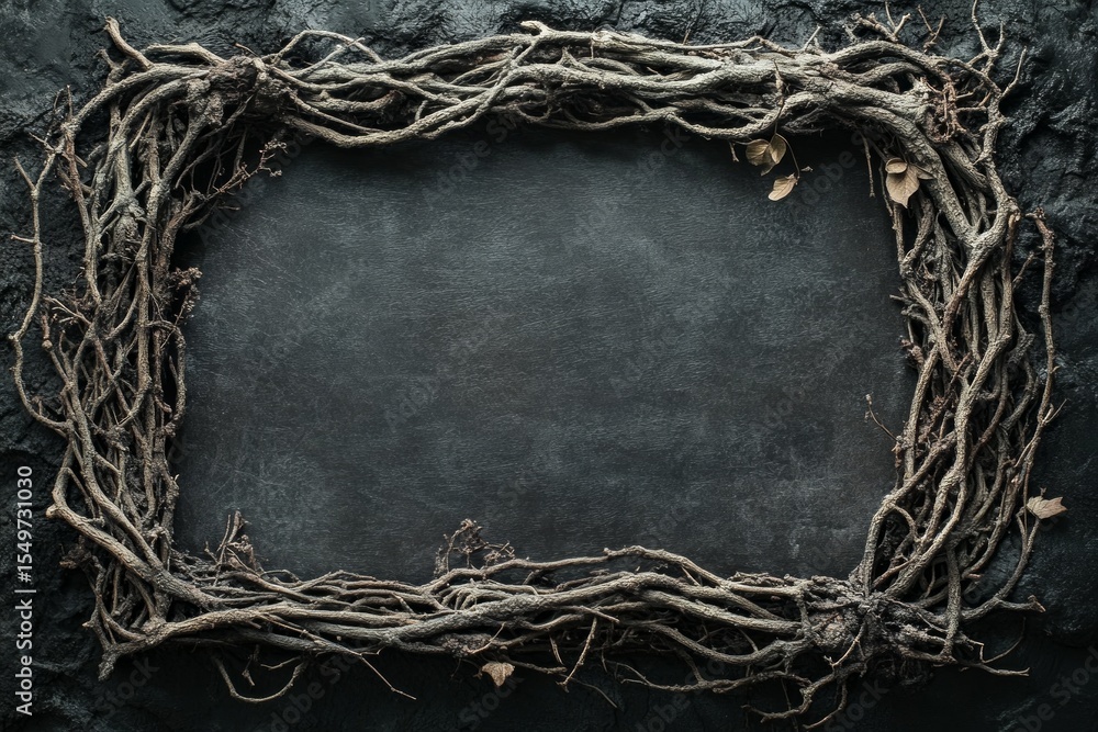Aufkleber rustic rectangular frame made of intertwined roots on a dark stone background, providing copy space