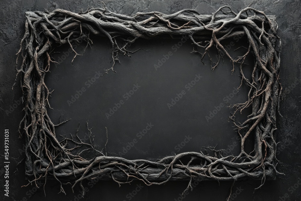 Poster intertwined dark branches creating a rectangular frame on a black textured background, providing cop
