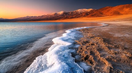 Fototapeta premium Frozen shoreline of a serene lake at sunrise.