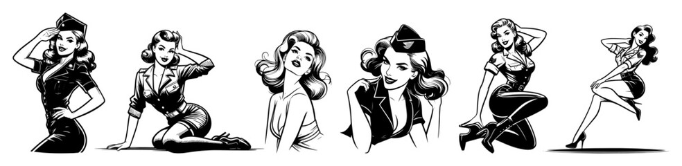 pin-up girls collection retro engraving vector shape