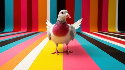 A vibrant image of a pigeon with striking colors standing against a bright, striped backdrop, creating a playful and artistic composition that grabs attention.