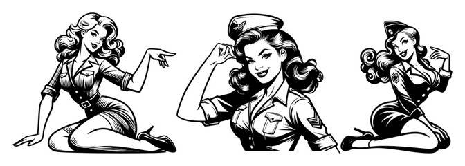 Obraz premium retro pin-up girls black silhouette sketch vector set