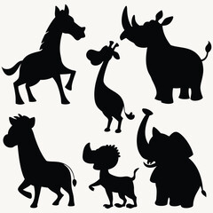 A collection of cartoon animals, including a horse, rhinoceros, armadillo, yak, giraffe, donkey, deer, fox, elephant, and zebra Illustration vector design