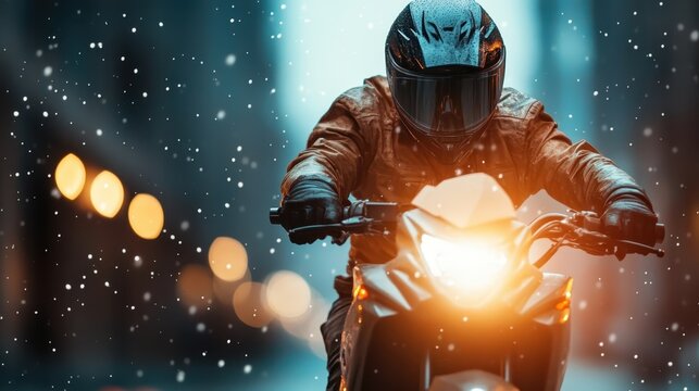 A motorcycle rider braves winter weather, captured in a thrilling moment as snow falls around, exuding adrenaline and passion for adventure in challenging conditions.