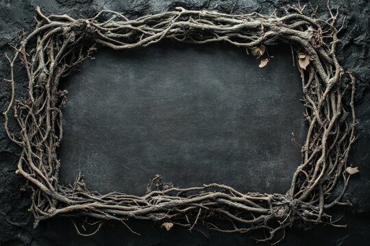 Rustic rectangular frame made of intertwined roots on a dark stone background, providing copy space