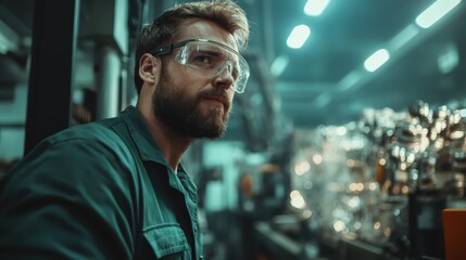 A determined man wearing protective gear is focused in an industrial setting, underscoring professionalism and dedication in a challenging work environment.