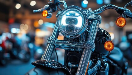 Fototapeta premium Close-up of a chrome motorcycle headlight and handlebars. Blurry background of other bikes and an indoor venue