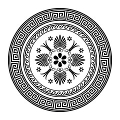 Greek round ornament pattern frame plate with pattern in center. Greek meander. Circle european border. Patterns of Greece, ancient Rome. Classic egyptian, assyrian, greek motives