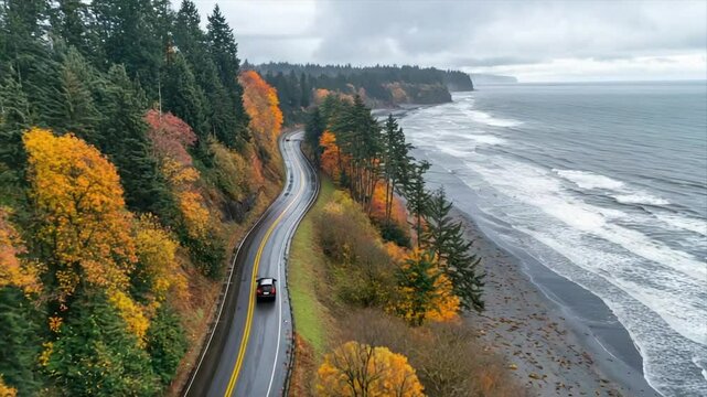 Scenic coastal highway winding through autumn foliage.