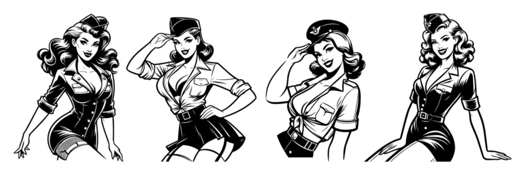 pin-up military themed girls black shape vector sketch