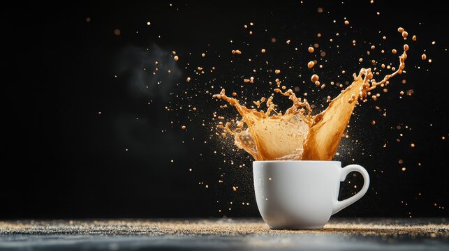 A captivating moment as coffee splashes out of a white cup against a dark background, symbolizing energy, creativity, and the love for coffee culture.