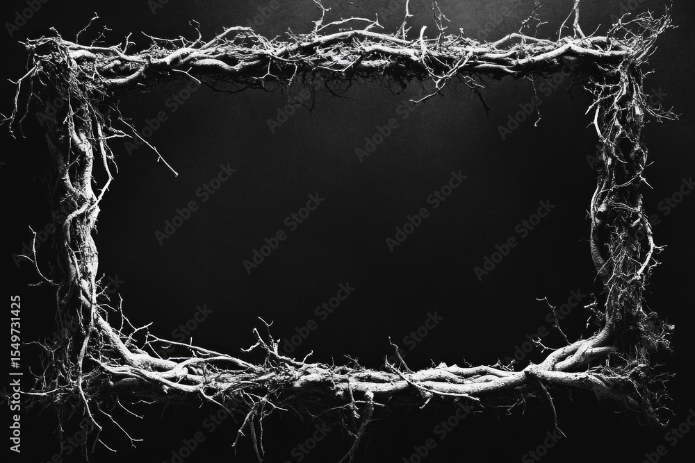 Poster intricate roots forming a rectangular frame against a dark backdrop, creating a natural and organic 