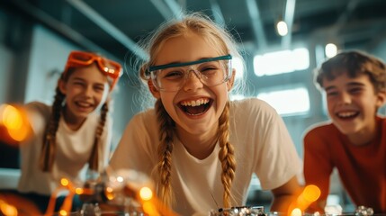 A lively scene showcasing three enthusiastic kids participating in exciting science experiments, filled with laughter and learning, emphasizing joy in education and creativity.