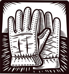 Obraz premium Vintage engraved illustration of protective work gloves with detailed stitching and textured leather surface