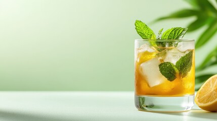 A chilled glass filled with refreshing mint tea, ice cubes, and a lemon wedge brings joy and a sense of cooling refreshment in a vibrant green setting.
