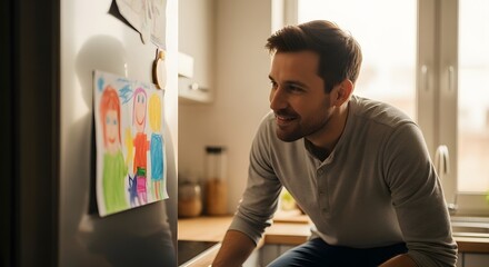 Man looking at child drawing on refrigerator happy dad family life kitchen interior home lifestyle father's day