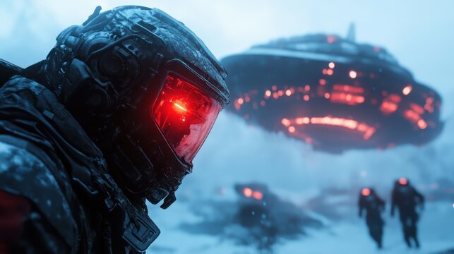 An enigmatic scene of a futuristic astronaut encountering an alien spacecraft amid a snowy landscape, evoking a sense of adventure and curiosity in outer space.