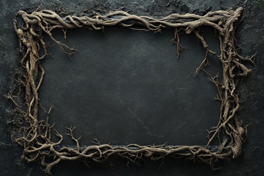 Rectangle frame made of tangled roots on a dark textured background, creating a natural and rustic border - Powered by Adobe