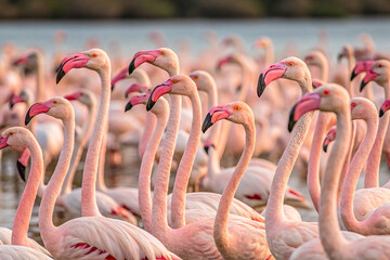 A densely packed flock of flamingos featuring numerous bright pink birds standing closely together in shallow water