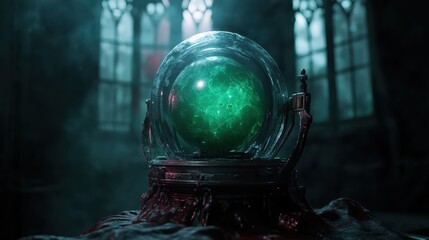 A mysterious, glowing green orb suspended in a glass sphere creates an enchanting atmosphere, surrounded by an eerie mist in a captivating, dark, gothic environment.