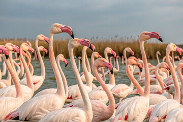A densely packed flock of flamingos featuring numerous bright pink birds standing closely together in shallow water