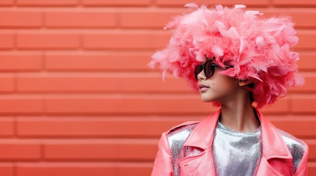 A striking portrait of a young person with a bold pink feathered hairstyle and stylish sunglasses, set against a vivid orange background showcasing modern fashion statements.
