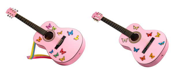 Pink acoustic guitar with butterfly stickers and rainbow strap, side view transparent background PNG