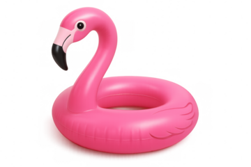 Pink inflatable flamingo pool float drifting against clean background, representing summer leisure and relaxation trend