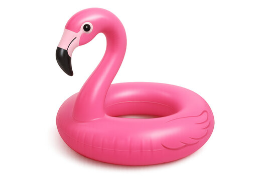 Pink inflatable flamingo pool float drifting against clean background, representing summer leisure and relaxation trend