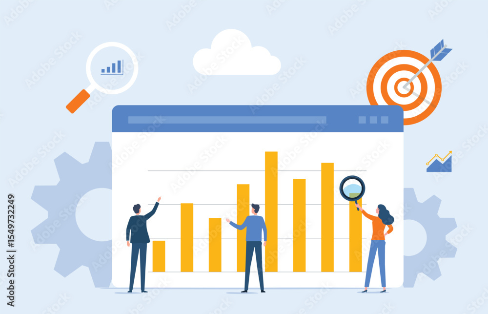 Poster business people analytics and monitoring on web report dashboard monitor concept and vector illustration design. finance investment. business team working.
