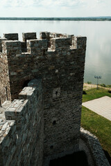 View of the Danube River behind a medieval watchtower at Ram Fortress in Serbia