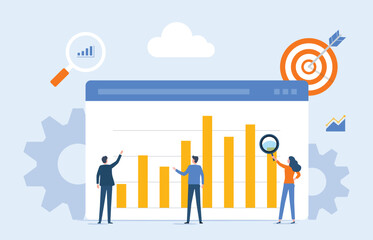 business people analytics and monitoring on web report dashboard monitor concept and vector illustration design. finance investment. business team working.
