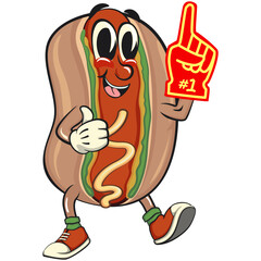 cute hot dog mascot cartoon vector illustration raise foam finger, funny fast food character isolated on transparent background, work of hand drawn