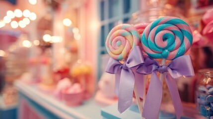 Playful swirl lollipops in pastel hues tied with ribbon on a softly blurred candy shop display background under perfect lighting