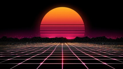 Retro 80s synthwave horizon with neon grid floor and magenta sunset sky