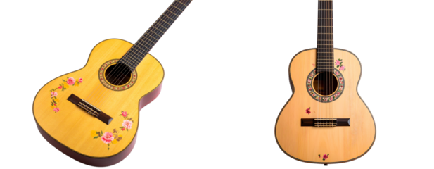 Vintage pink acoustic guitar with floral design, angled top view transparent background PNG