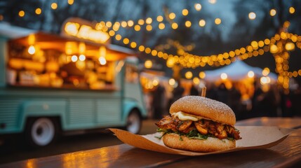Portobello mushroom burger with aioli smear on a softly blurred vegan food truck backdrop under perfect lighting
