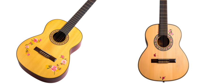 Vintage pink acoustic guitar with floral design, angled top view transparent background PNG