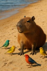 Capybara with bird friends peacefully on a sandy beach scene