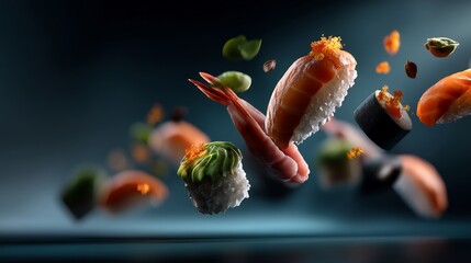 Creative sushi arrangement featuring assorted pieces in dynamic floating composition