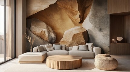Modern living room with a large rock wall mural
