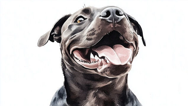 Happy dark brown pitbull in watercolor