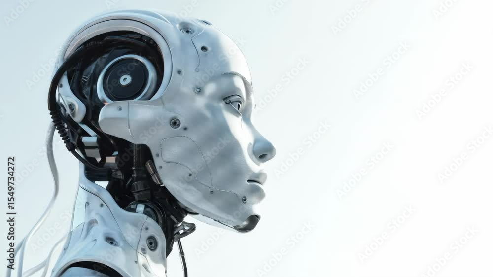 Poster robotic woman face close-up. ai android head future technology. artificial intelligence machine stud