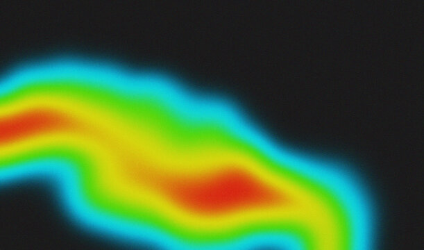 Neon gradient twist spots on black gradient with noisy texture. Heat map. Abstract infrared thermographic background.