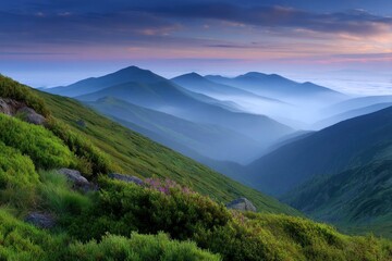 Obraz premium Misty mountain range landscape with green slopes distant peaks and a clouded valley under a colorful sky