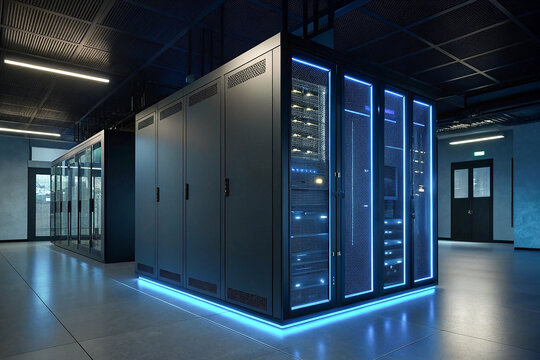 A modern server room features a sleek, dark server rack illuminated by cool LED lights - Powered by Adobe