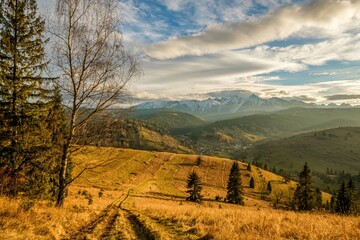 Fototapeta premium Hiking trail through a foothill meadow with autumn grass. In the background a small village and snowy mountain peaks. Beautiful colorful autumn day. Polskie gory.