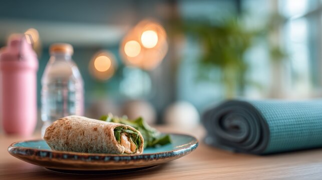 Turkey and spinach wrap on a ceramic plate on a softly blurred fitness trainer&acirc;&euro;&trade;s studio backdrop